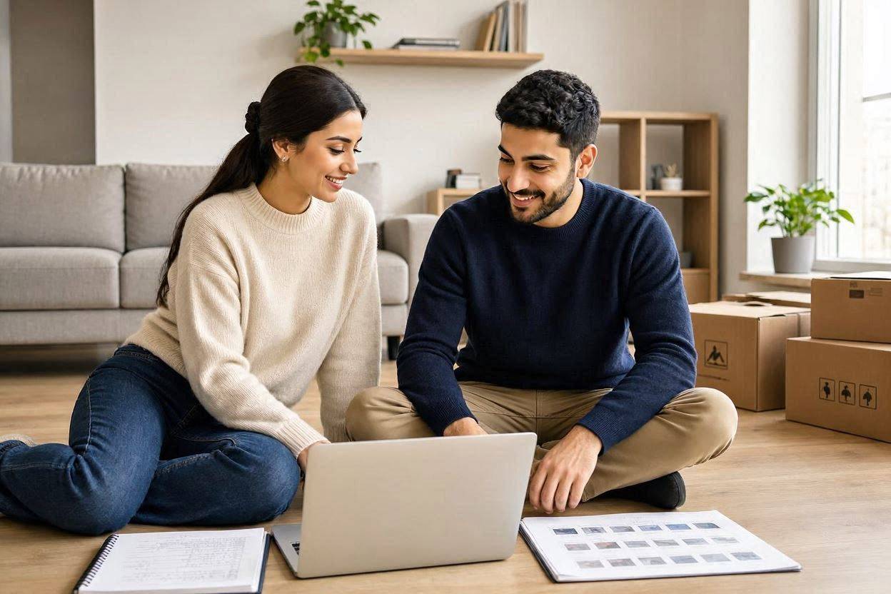 زوج جوان در حال برنامه‌ریزی مرحله‌ای خرید جهیزیه