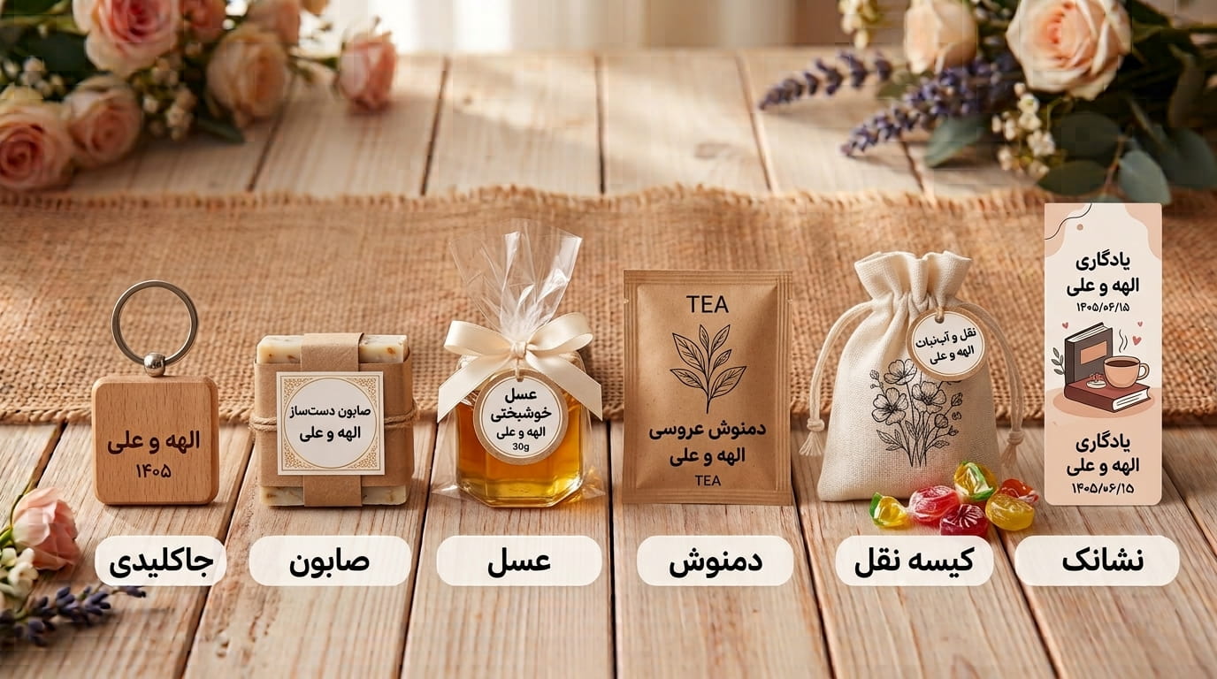 گیفت عروسی ارزان زیر ۵۰ هزار تومان؛ جاکلیدی چوبی، صابون دست‌ساز، شیشه عسل، دمنوش، کیسه نقل و نشانک کتاب