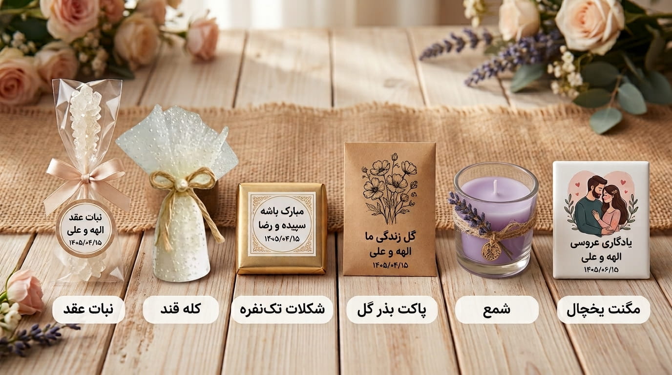 ایده گیفت عروسی ارزان؛ نبات عقد، کله قند، شکلات تک‌نفره، پاکت بذر گل، شمع وارمر و مگنت یخچال با اسم عروس و داماد