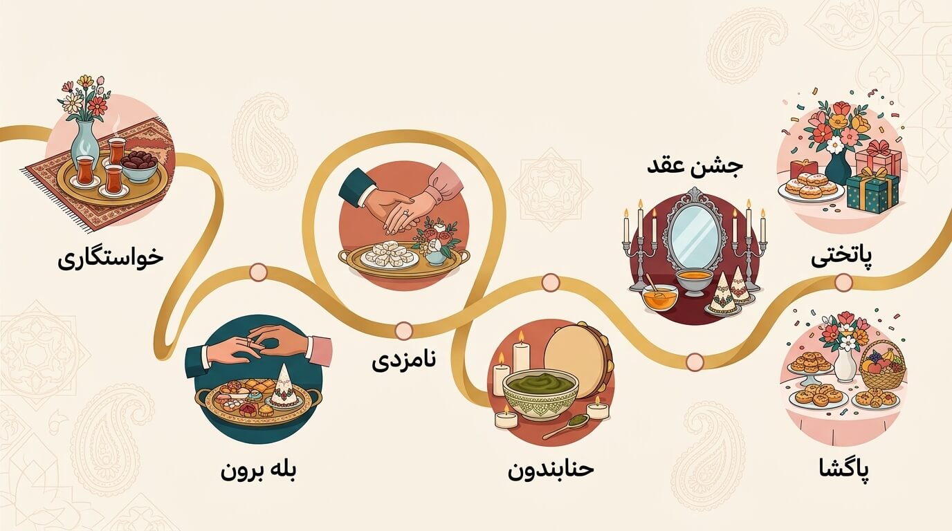 سفره عقد سنتی ایرانی با آینه و شمعدان؛ ترتیب مراسم ازدواج، از خواستگاری تا پاتختی